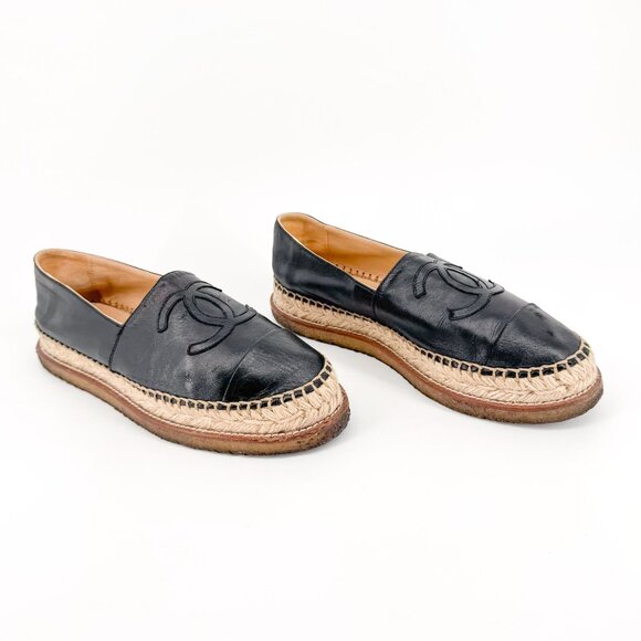 Chanel Black Leather CC Logo Espadrille Flats Size 39 US 8-8.5 Platform Shoes - Picture 1 of 14